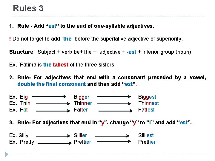 Rules 3 1. Rule - Add “est” to the end of one-syllable adjectives. !