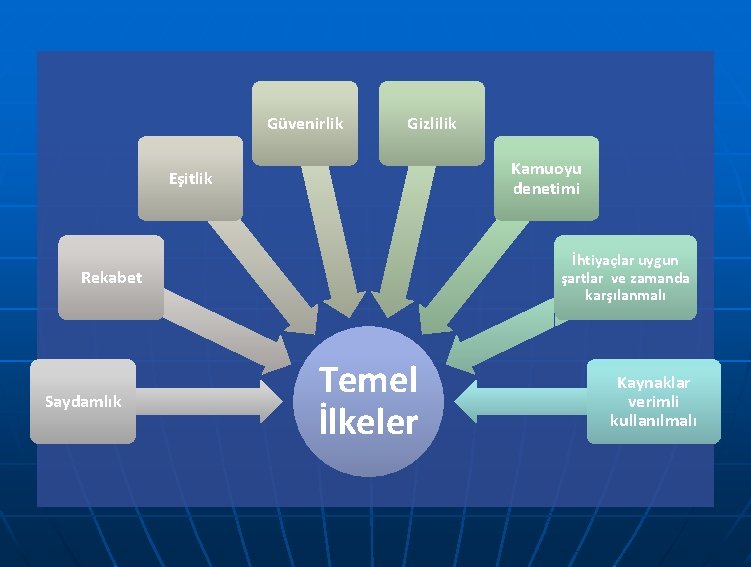 Güvenirlik Gizlilik Kamuoyu denetimi Eşitlik İhtiyaçlar uygun şartlar ve zamanda karşılanmalı Rekabet Saydamlık Temel