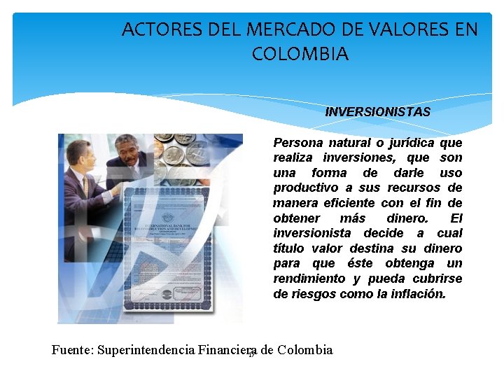 ACTORES DEL MERCADO DE VALORES EN COLOMBIA INVERSIONISTAS Persona natural o jurídica que realiza