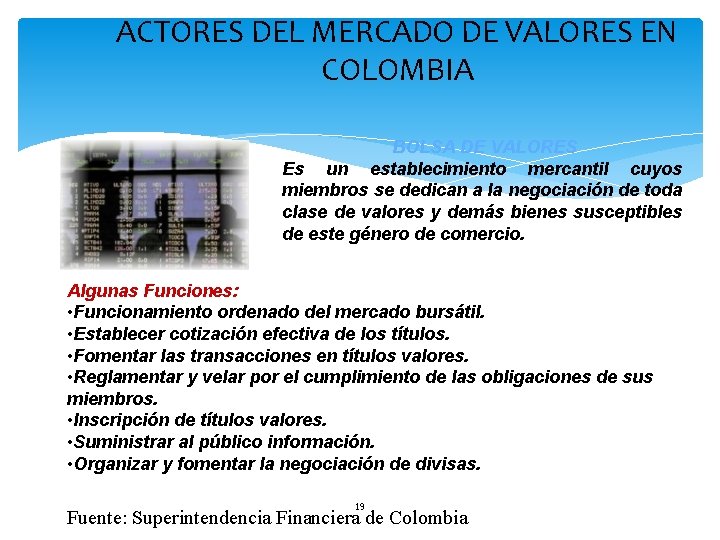 ACTORES DEL MERCADO DE VALORES EN COLOMBIA BOLSA DE VALORES Es un establecimiento mercantil