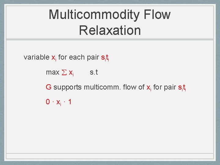Multicommodity Flow Relaxation variable xi for each pair siti max xi s. t G