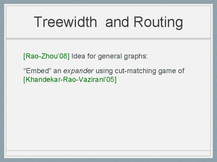 Treewidth and Routing [Rao-Zhou’ 08] Idea for general graphs: “Embed” an expander using cut-matching