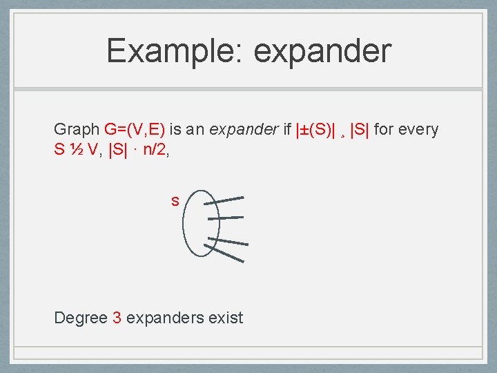 Example: expander Graph G=(V, E) is an expander if |±(S)| ¸ |S| for every