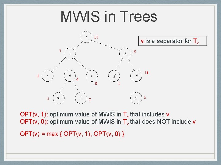 MWIS in Trees v is a separator for Tv OPT(v, 1): optimum value of