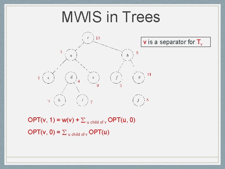 MWIS in Trees v is a separator for Tv OPT(v, 1) = w(v) +