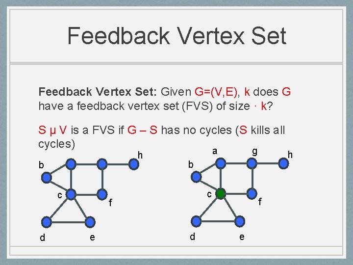 Feedback Vertex Set: Given G=(V, E), k does G have a feedback vertex set