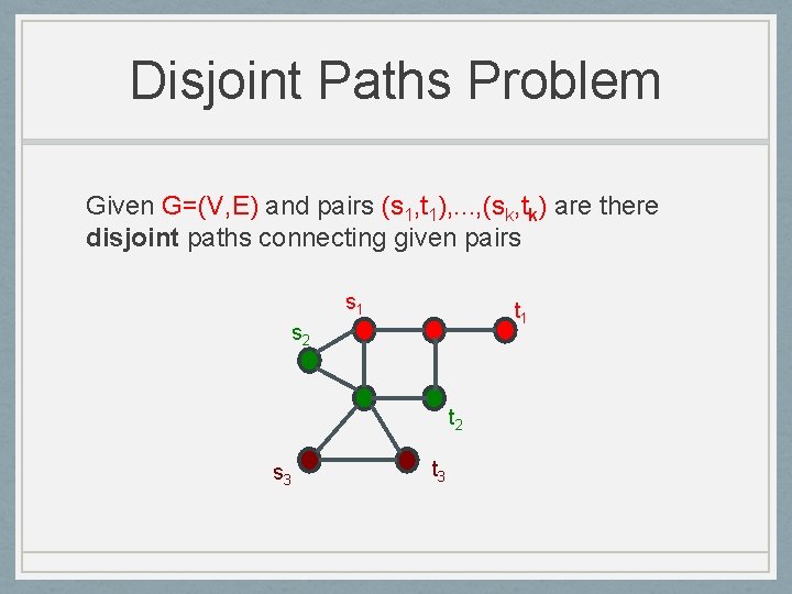 Disjoint Paths Problem Given G=(V, E) and pairs (s 1, t 1), . .
