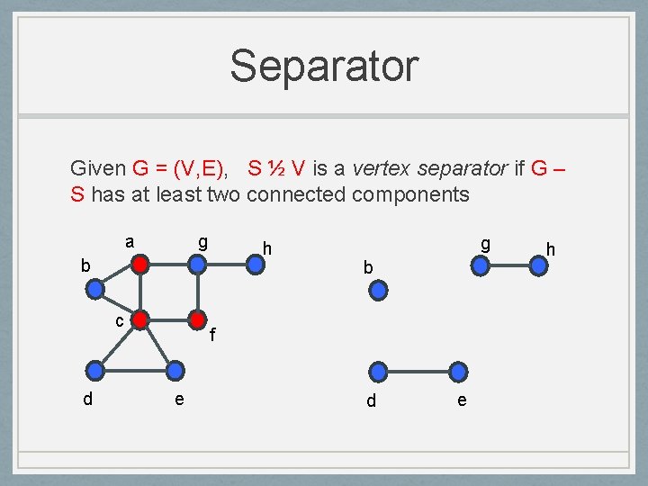 Separator Given G = (V, E), S ½ V is a vertex separator if