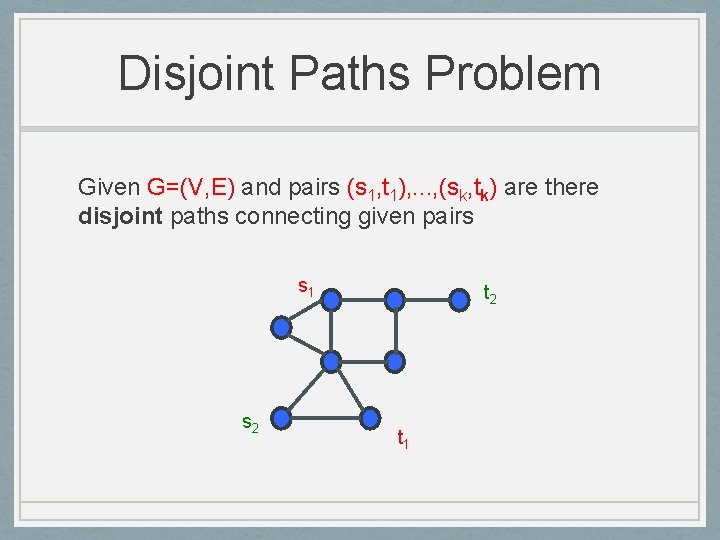 Disjoint Paths Problem Given G=(V, E) and pairs (s 1, t 1), . .