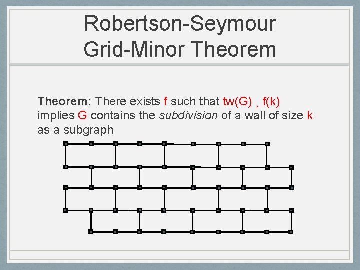 Robertson-Seymour Grid-Minor Theorem: There exists f such that tw(G) ¸ f(k) implies G contains
