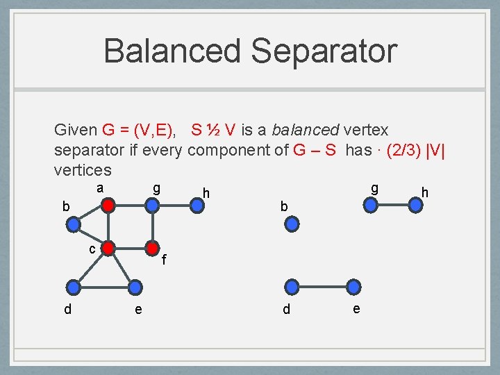 Balanced Separator Given G = (V, E), S ½ V is a balanced vertex