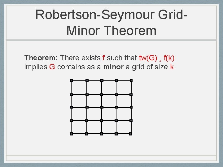 Robertson-Seymour Grid. Minor Theorem: There exists f such that tw(G) ¸ f(k) implies G