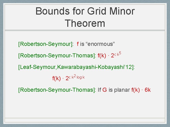 Bounds for Grid Minor Theorem [Robertson-Seymour]: f is “enormous” [Robertson-Seymour-Thomas]: f(k) · 2 c