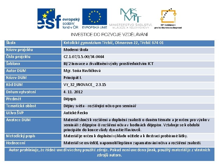 Škola Katolické gymnázium Třebíč, Otmarova 22, Třebíč 674 01 Název projektu Moderní škola Číslo