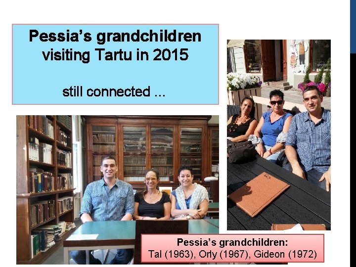 Pessia’s grandchildren visiting Tartu in 2015 still connected … Pessia’s grandchildren: Tal (1963), Orly