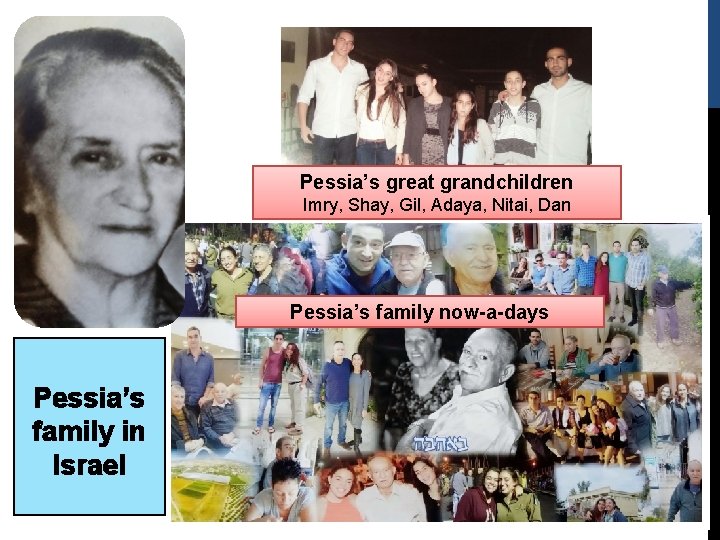 Pessia’s great grandchildren Imry, Shay, Gil, Adaya, Nitai, Dan Pessia’s family now-a-days Pessia’s family