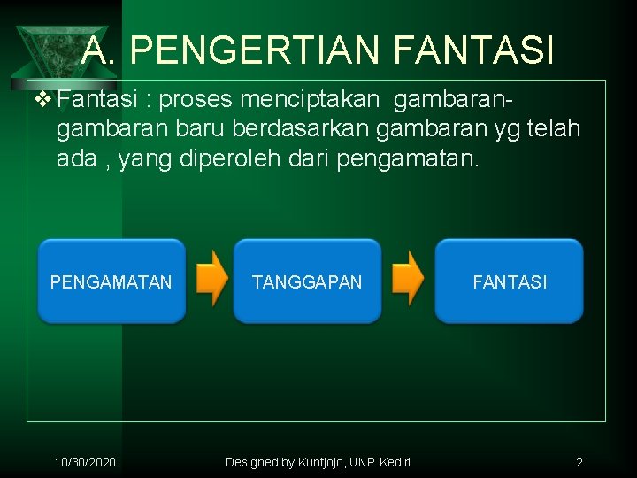 A. PENGERTIAN FANTASI v Fantasi : proses menciptakan gambaran- gambaran baru berdasarkan gambaran yg