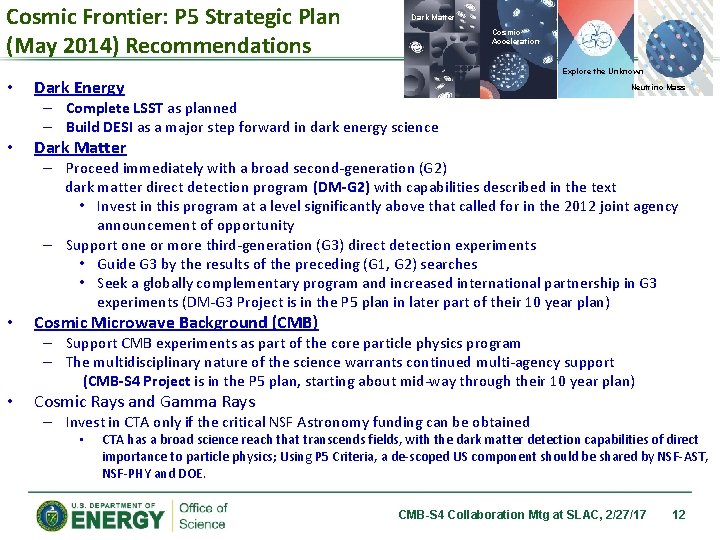 Cosmic Frontier: P 5 Strategic Plan (May 2014) Recommendations • Dark Matter Cosmic Acceleration