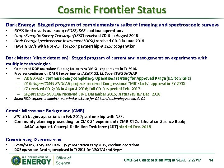 Cosmic Frontier Status Dark Energy: Staged program of complementary suite of imaging and spectroscopic