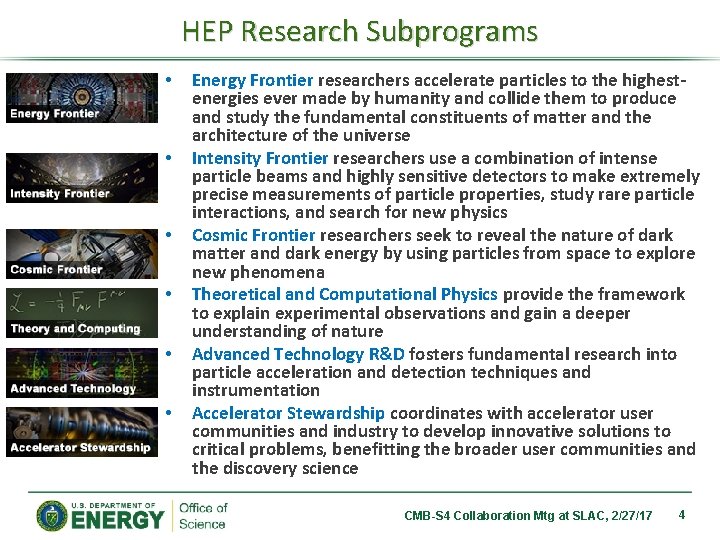 HEP Research Subprograms • • • Energy Frontier researchers accelerate particles to the highestenergies