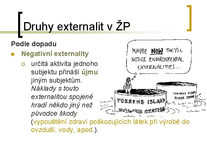 Druhy externalit v ŽP Podle dopadu n Negativní externality ¡ určitá aktivita jednoho subjektu