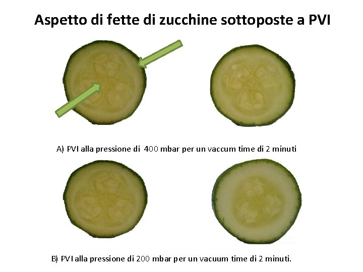Aspetto di fette di zucchine sottoposte a PVI A) PVI alla pressione di 400