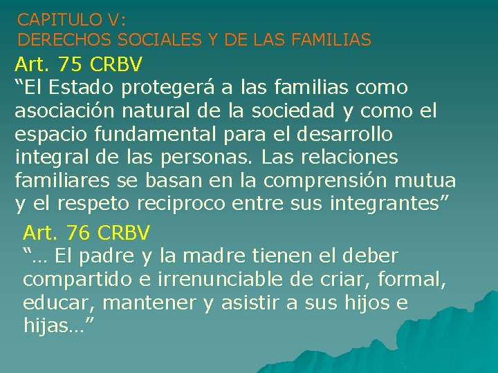 CAPITULO V: DERECHOS SOCIALES Y DE LAS FAMILIAS Art. 75 CRBV “El Estado protegerá