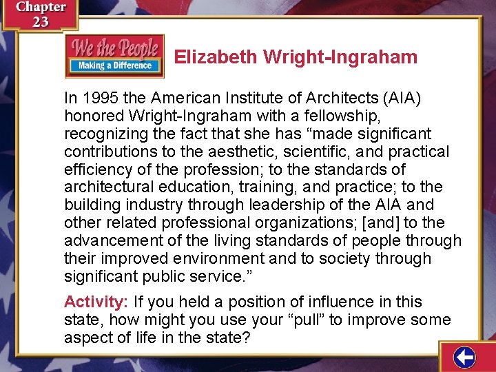 Elizabeth Wright-Ingraham In 1995 the American Institute of Architects (AIA) honored Wright-Ingraham with a