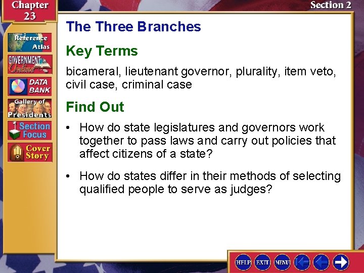 The Three Branches Key Terms bicameral, lieutenant governor, plurality, item veto, civil case, criminal