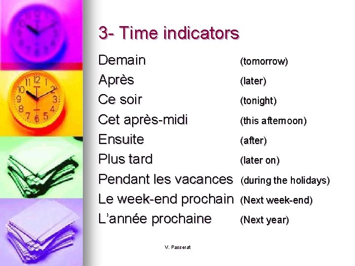 3 - Time indicators Demain Après Ce soir Cet après-midi Ensuite Plus tard Pendant