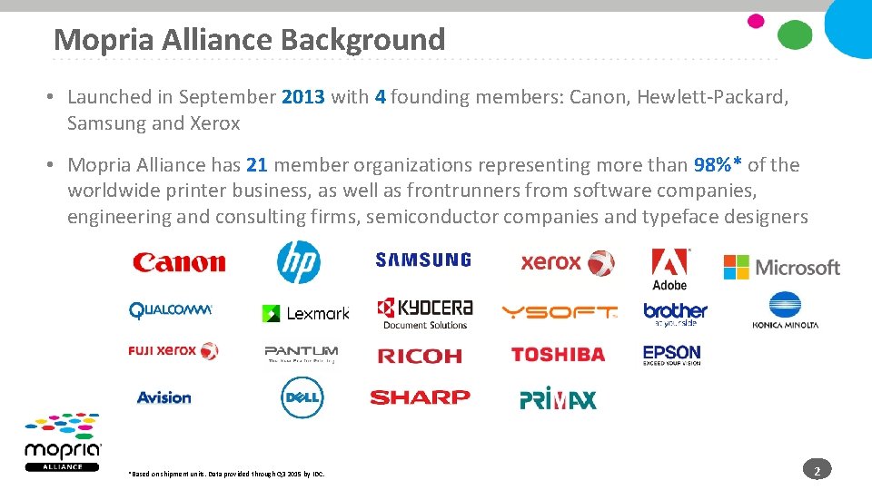Mopria Alliance Background • Launched in September 2013 with 4 founding members: Canon, Hewlett-Packard,