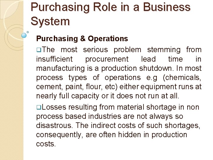 Purchasing Role in a Business System Purchasing & Operations q. The most serious problem