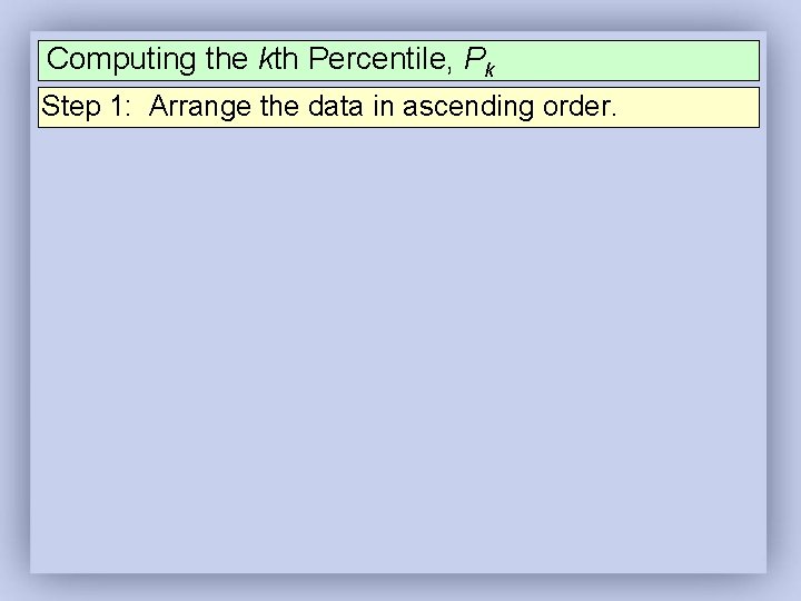 Computing the kth Percentile, Pk Step 1: Arrange the data in ascending order. Computing the kth Percentile, Pk Step 1: Arrange the data in ascending order.