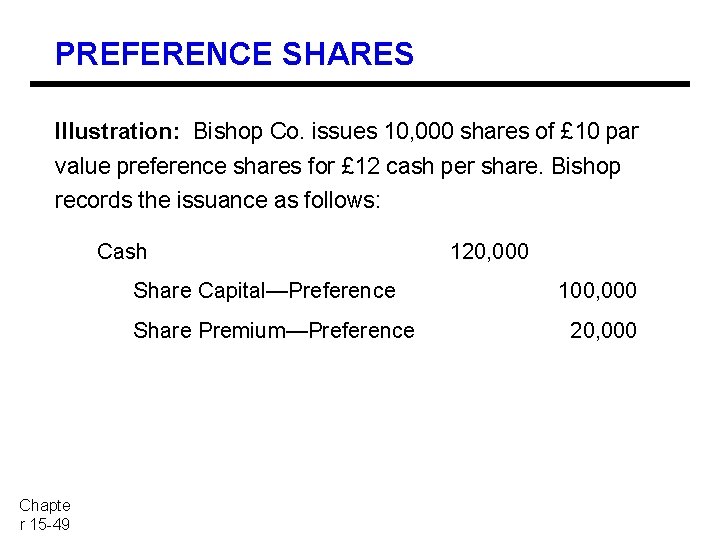 PREFERENCE SHARES Illustration: Bishop Co. issues 10, 000 shares of £ 10 par value