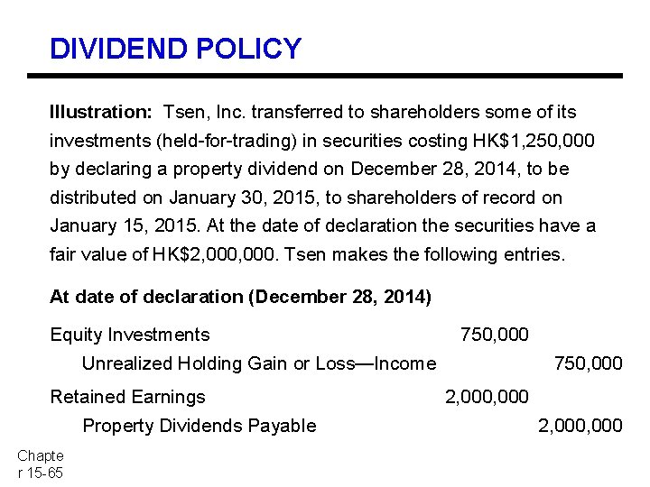 DIVIDEND POLICY Illustration: Tsen, Inc. transferred to shareholders some of its investments (held-for-trading) in