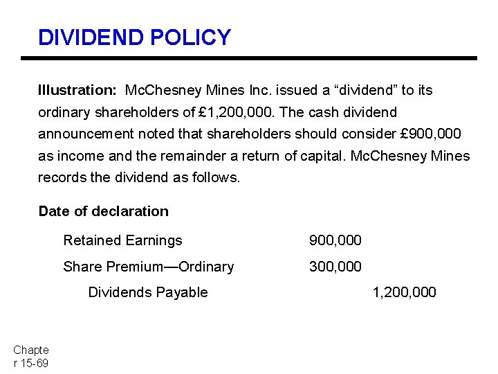 DIVIDEND POLICY Illustration: Mc. Chesney Mines Inc. issued a “dividend” to its ordinary shareholders