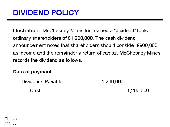 DIVIDEND POLICY Illustration: Mc. Chesney Mines Inc. issued a “dividend” to its ordinary shareholders