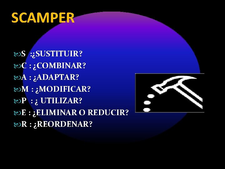 SCAMPER S : ¿SUSTITUIR? C : ¿COMBINAR? A : ¿ADAPTAR? M : ¿MODIFICAR? P SCAMPER S : ¿SUSTITUIR? C : ¿COMBINAR? A : ¿ADAPTAR? M : ¿MODIFICAR? P