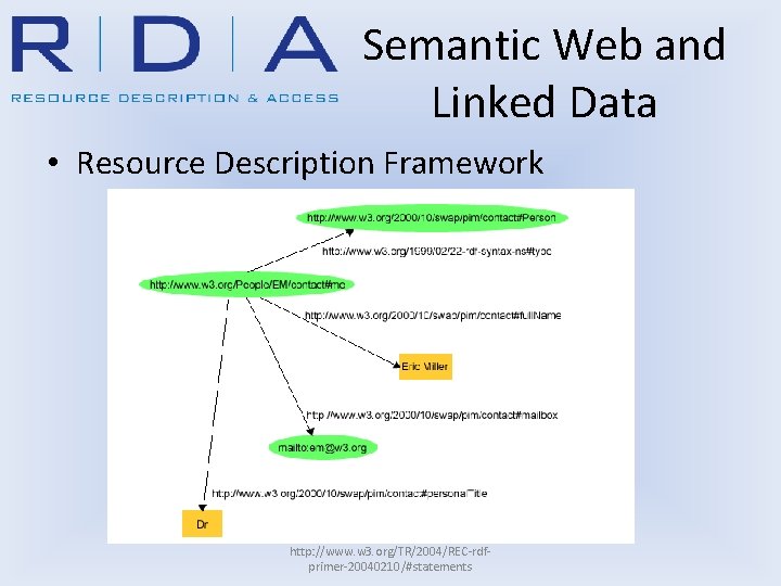 Semantic Web and Linked Data • Resource Description Framework http: //www. w 3. org/TR/2004/REC-rdfprimer-20040210/#statements