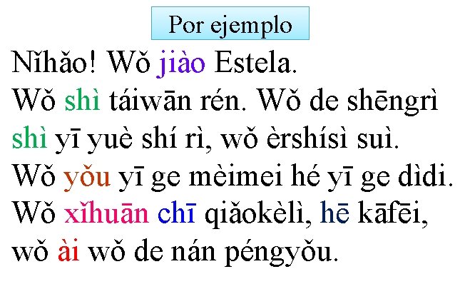 Por ejemplo Nǐhǎo! Wǒ jiào Estela. Wǒ shì táiwān rén. Wǒ de shēngrì shì Por ejemplo Nǐhǎo! Wǒ jiào Estela. Wǒ shì táiwān rén. Wǒ de shēngrì shì