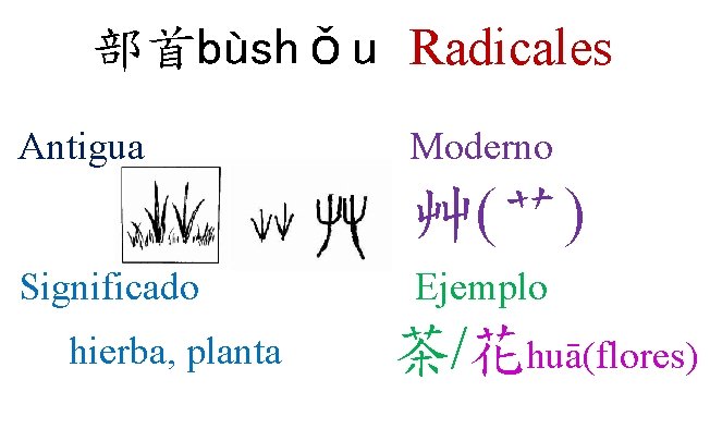 部首bùshǒu Radicales Antigua Moderno 艸(艹) Significado hierba, planta Ejemplo 茶/花huā(flores) 部首bùshǒu Radicales Antigua Moderno 艸(艹) Significado hierba, planta Ejemplo 茶/花huā(flores)