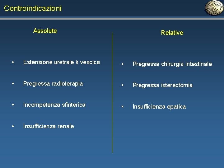 Controindicazioni Assolute Relative • Estensione uretrale k vescica • Pregressa chirurgia intestinale • Pregressa