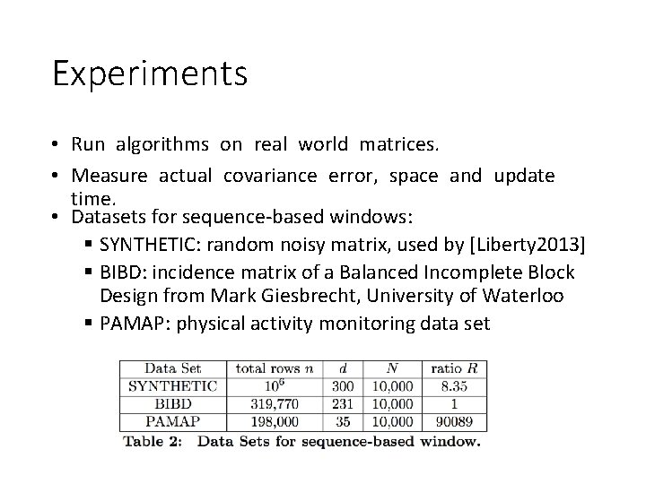 Experiments • Run algorithms on real world matrices. • Measure actual covariance error, space