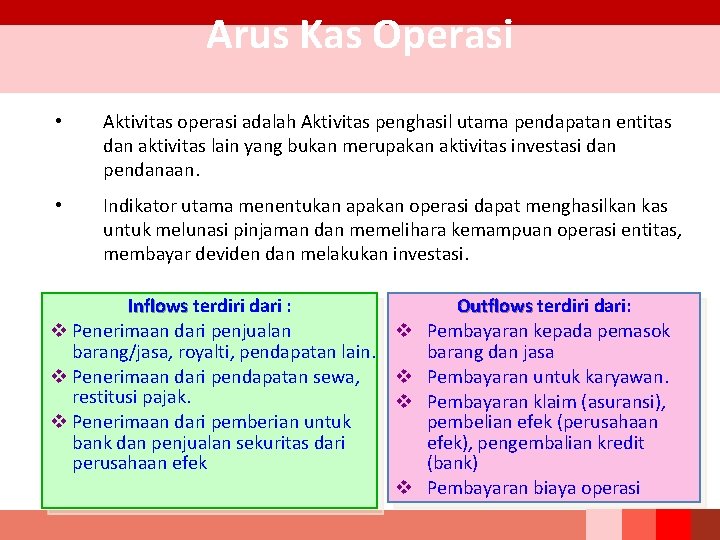 Arus Kas Operasi • Aktivitas operasi adalah Aktivitas penghasil utama pendapatan entitas dan aktivitas