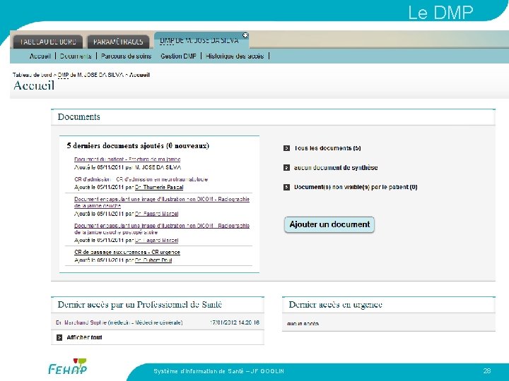 Le DMP Système d’Information de Santé – JF GOGLIN 28 