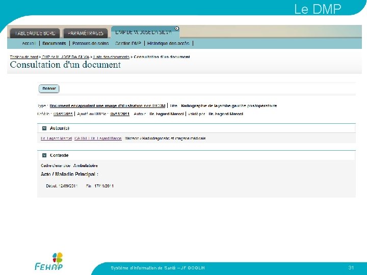 Le DMP Système d’Information de Santé – JF GOGLIN 31 