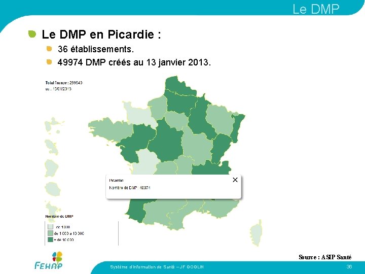 Le DMP en Picardie : 36 établissements. 49974 DMP créés au 13 janvier 2013.