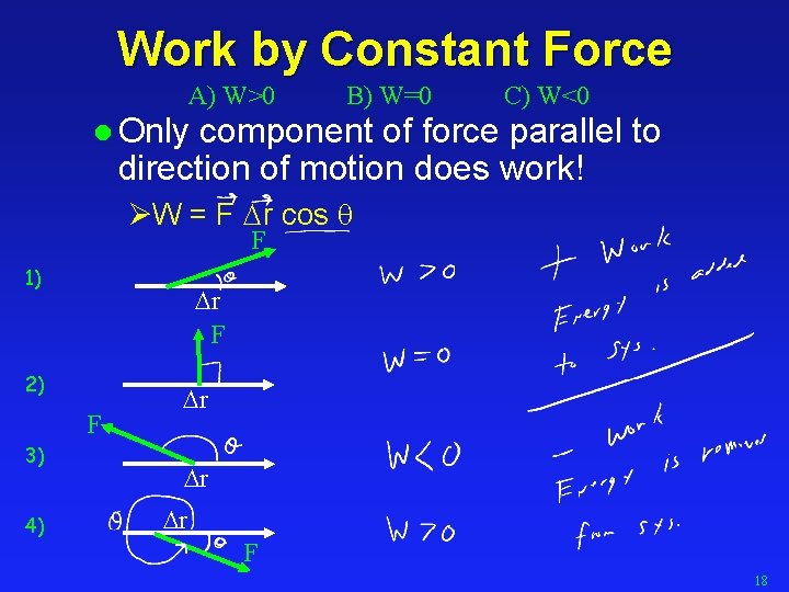 Work by Constant Force A) W>0 B) W=0 C) W<0 l Only component of