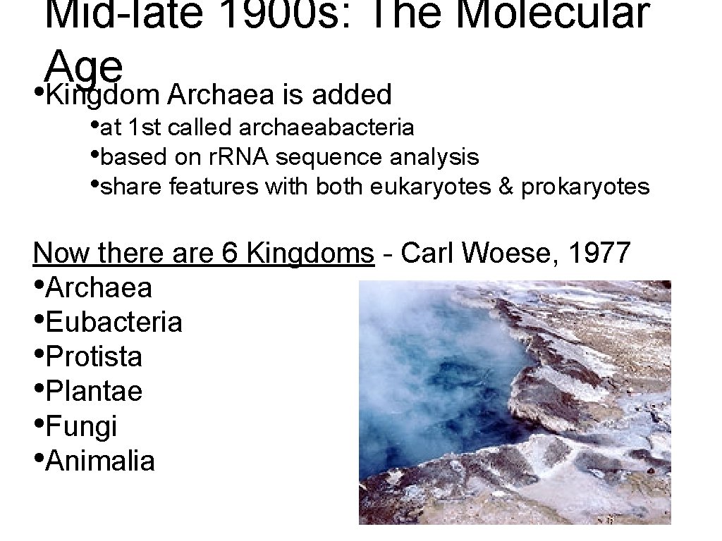 Mid-late 1900 s: The Molecular Age • Kingdom Archaea is added • at 1