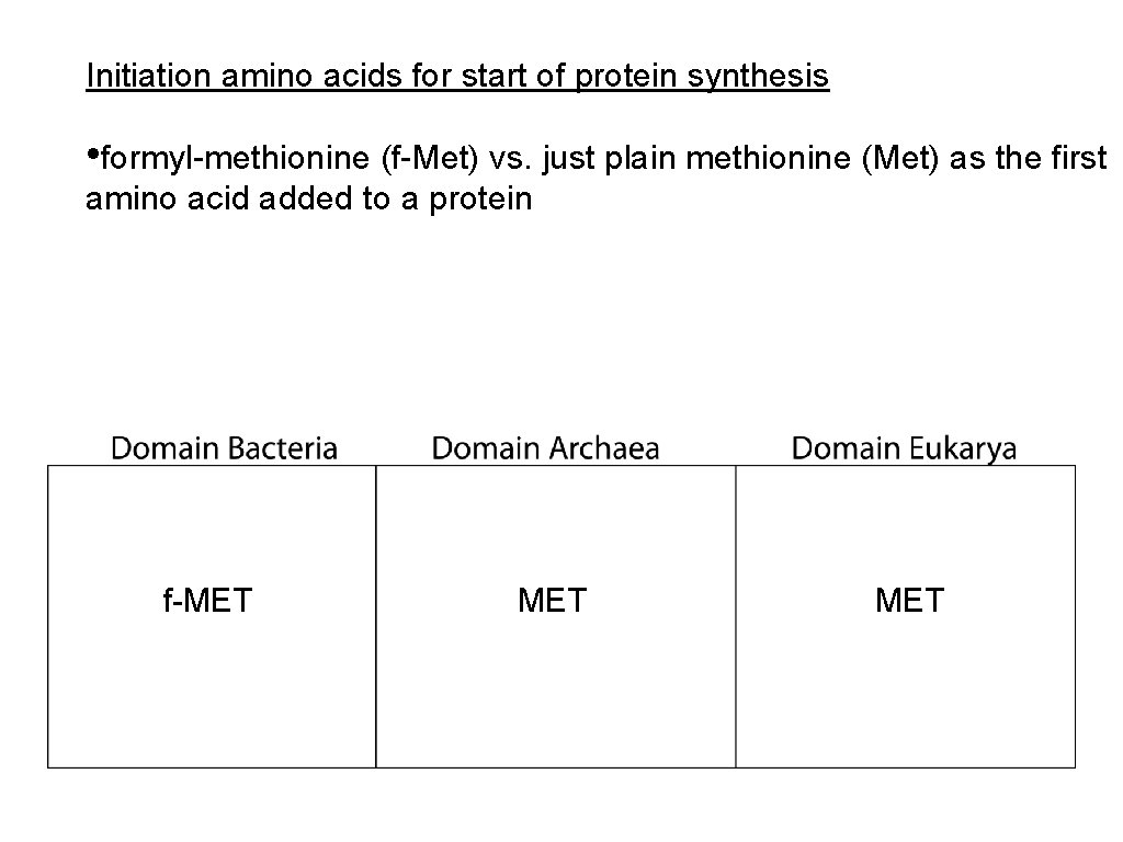 Initiation amino acids for start of protein synthesis • formyl-methionine (f-Met) vs. just plain